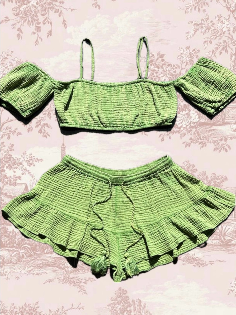 Anthropologie Green Cotton Matching Top & Shorts Set